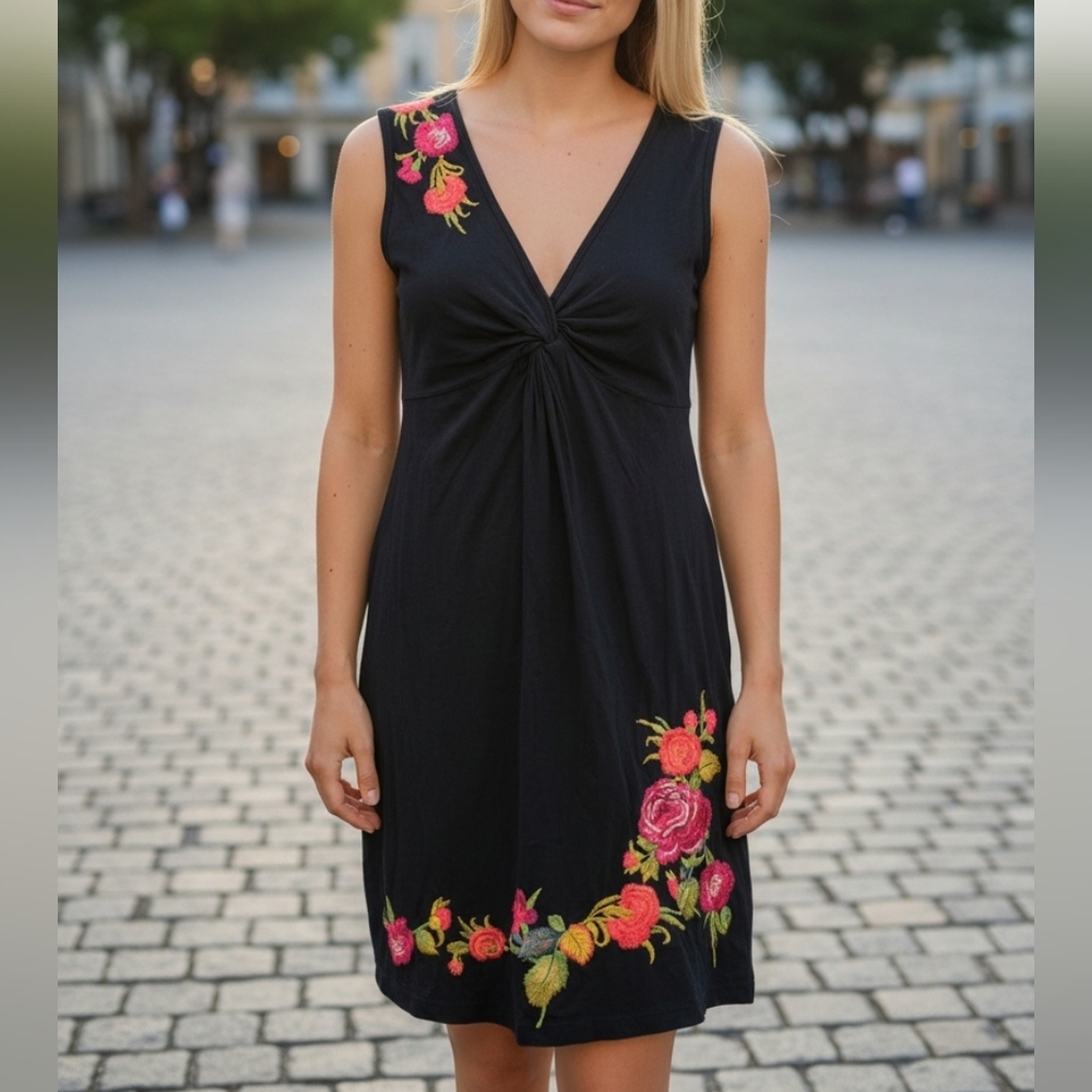 Johnny Was JW Los Angeles Black Embroidered Dress